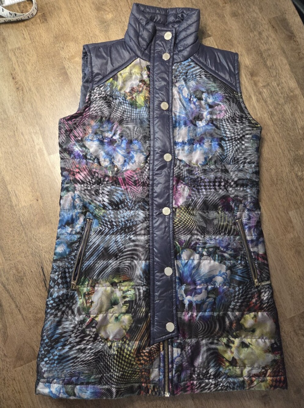 Unique Quilted Foil Abstract Floral Print Micia Long Puffer Vest